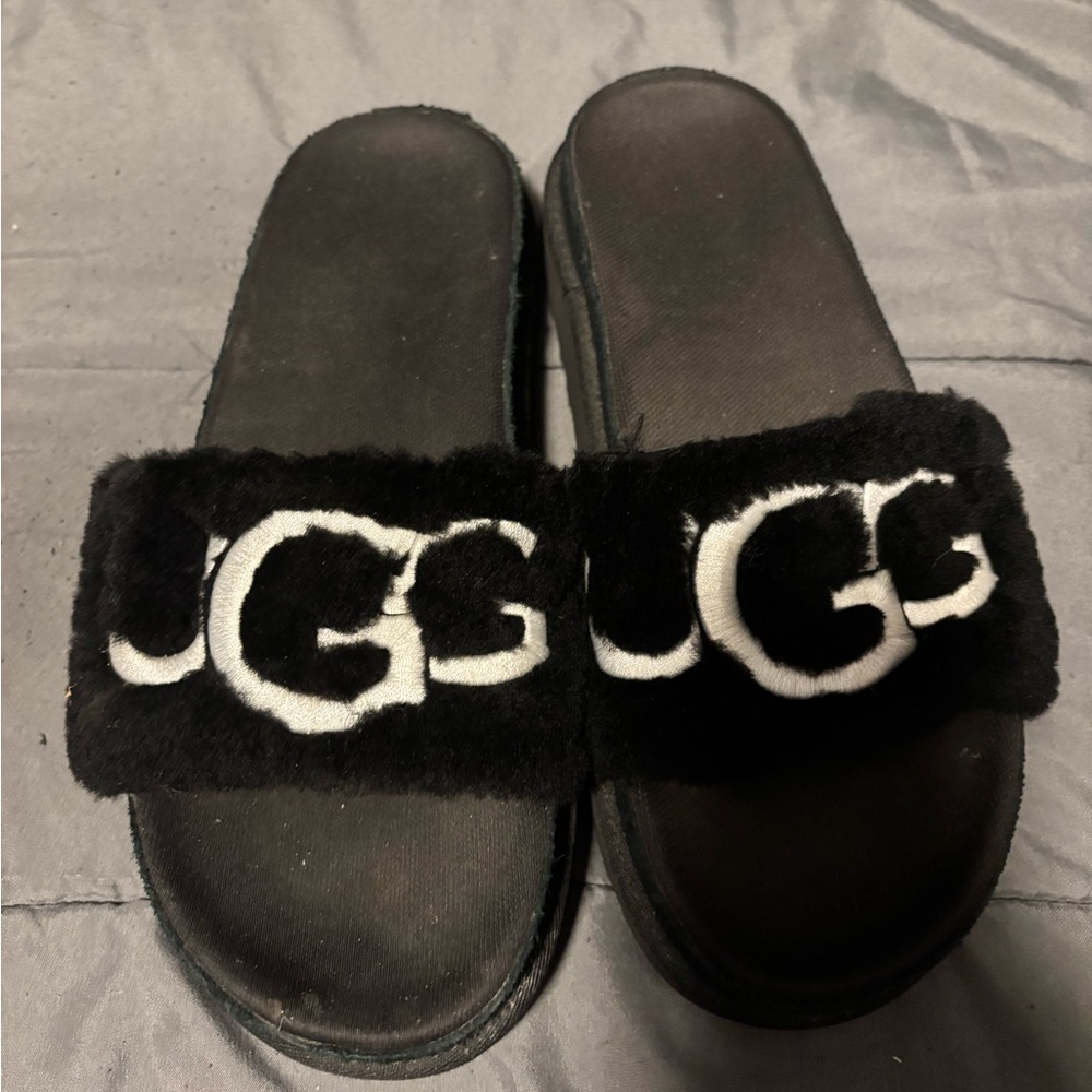 UGG Black and White Furry Slides
